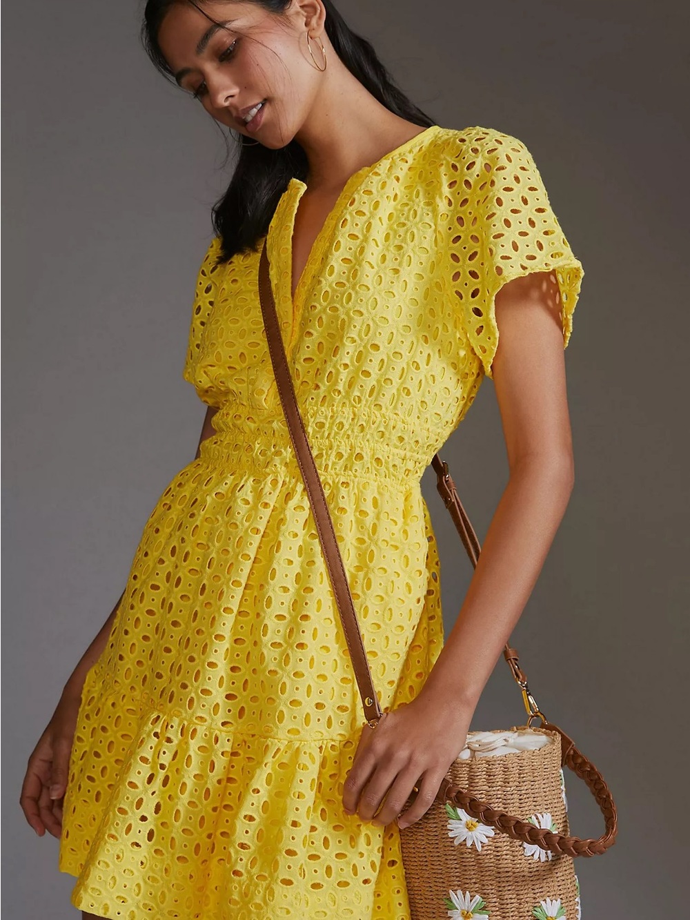 Yellow Eyelet Short-Sleeve Summer Dress